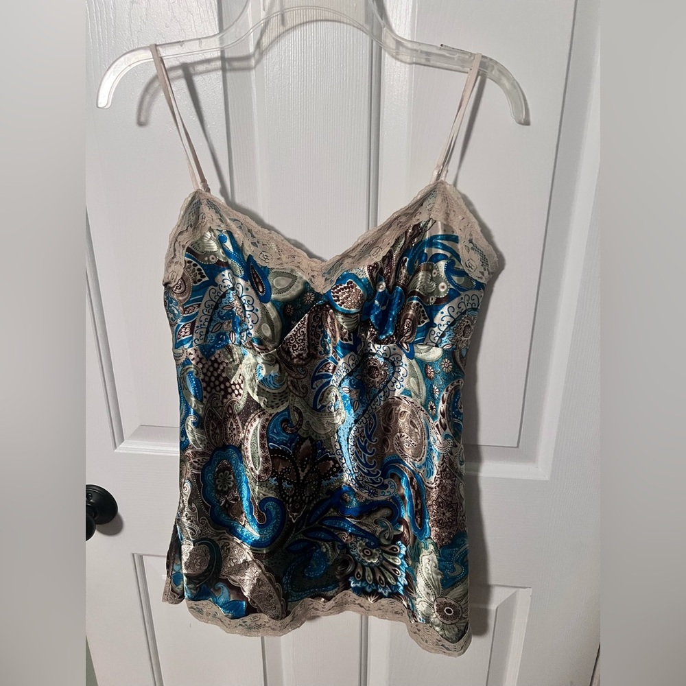 Aqua Blues VTG 90s Y2K  Cami Top Lace Paisley Floral